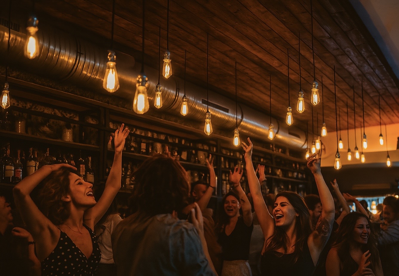 Party allnight long – tanzende Gäste unter Edison-Lampen bei der Firmen-Weihnachtsfeier