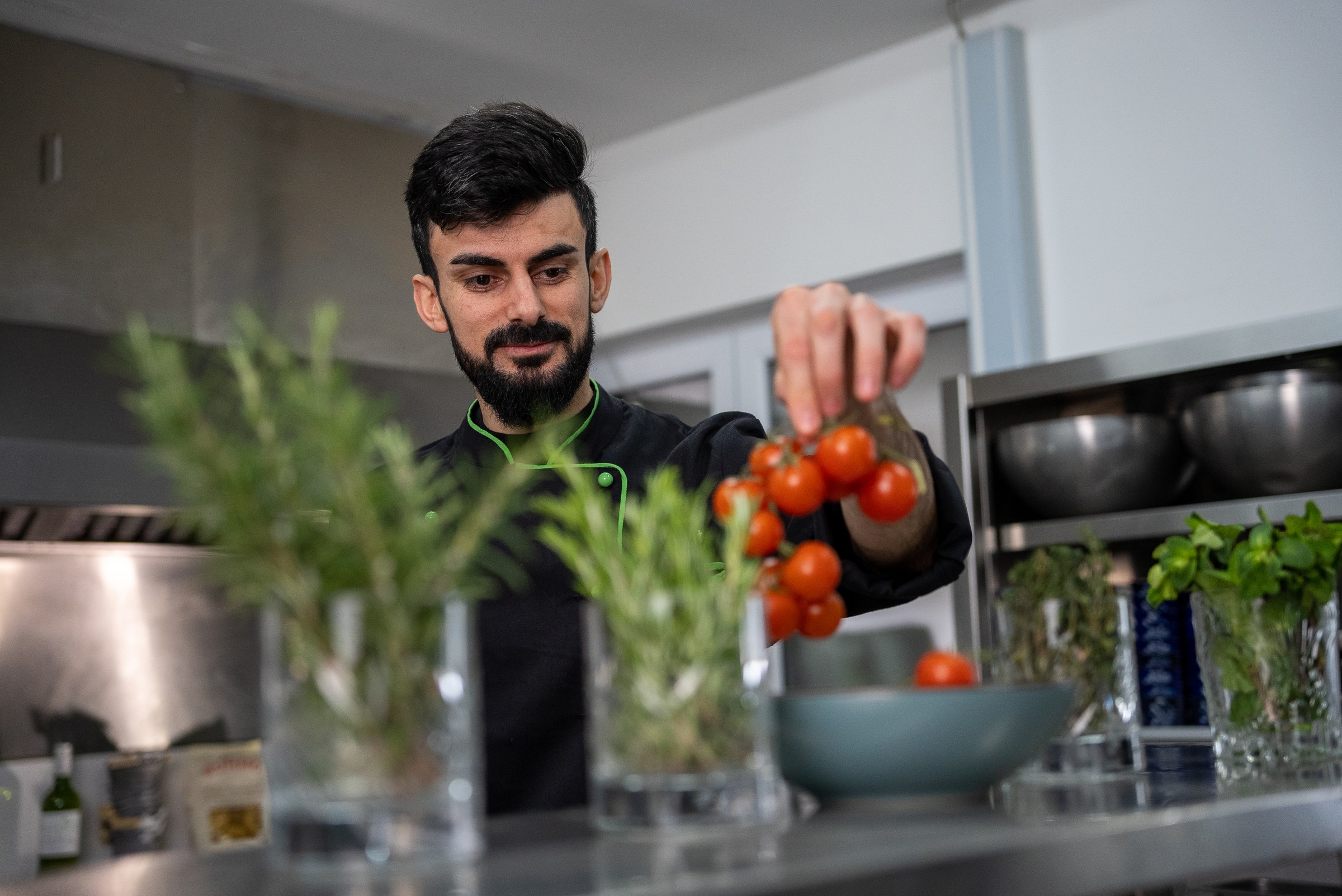 Koch mit frischen Tomaten und Kräutern – Trüffelschwein Küche